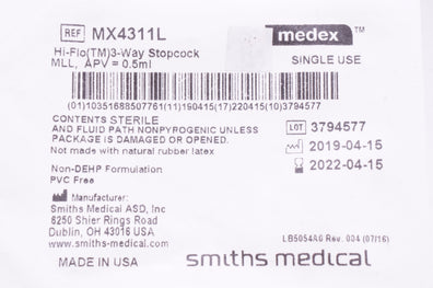 Medex MX4311L 3 Way Stopcock w/M.L.L. 0.5mL